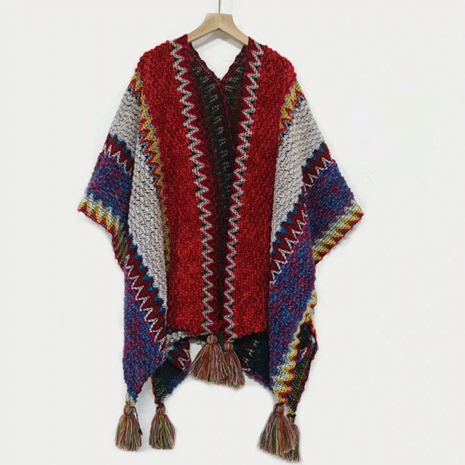 

Женская трикотажная накидка-пончо, осенняя Новая женская модная накидка-пончо в богемном стиле, зимняя одежда с кисточками, тибетский мульт