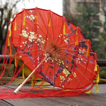 고대 장식 그늘 우산 Hanfu 우산 붉은 술 우산 리본 요정 댄스 우산 오일 종이 우산 파라솔