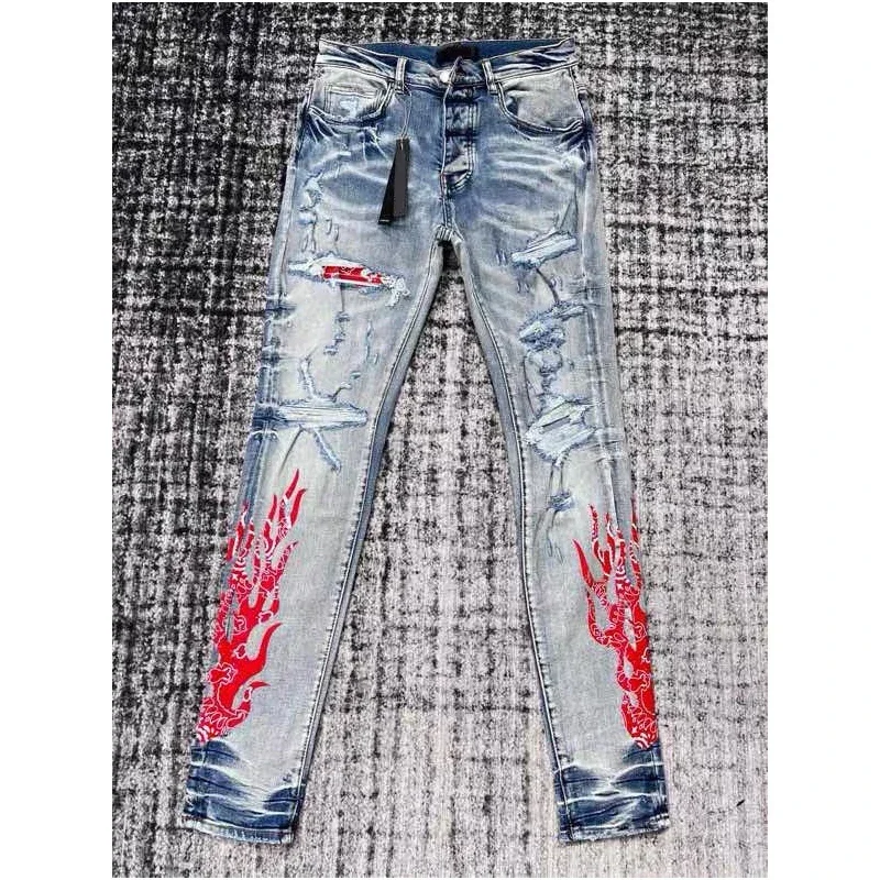 

Джинсы мужские Стрейчевые до щиколотки, винтажные брюки с красным пламенем, Модные Узкие рваные джинсы в стиле хип-хоп, лето