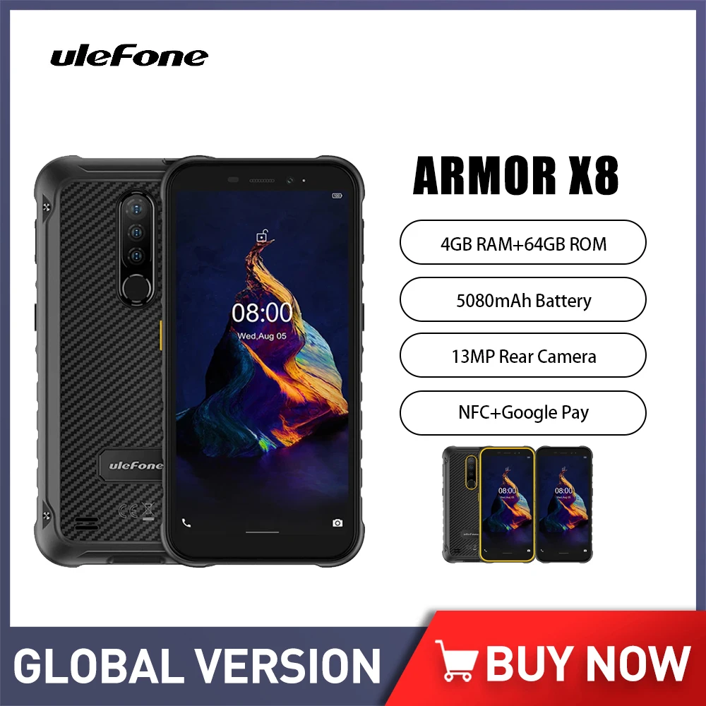 

Ulefone Armor X8 Rugged Smartphone 5.7 Inch 4GB+64GB Waterproof Mobile Phone 5080mAh Android 11 IP68 4G Cell Phone Use All NFC