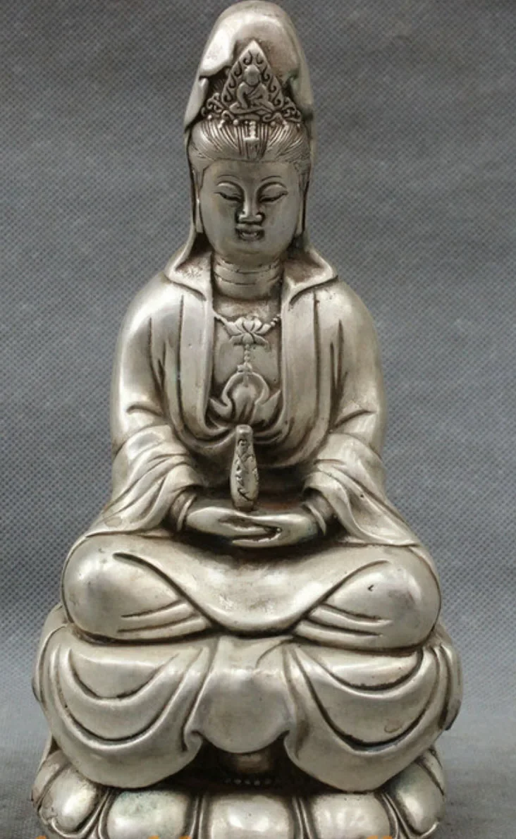 

Украшение, тибетская медная серебряная статуя 9 дюймов, тибетская медная богиня Joss Kwan-yin, статуя Будды богини
