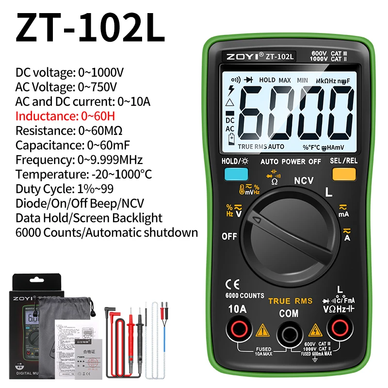 

Цифровой мультиметр ZOYI с автоматическим выбором диапазона, амперметр переменного/постоянного тока, конденсатор, NVC, вольт, Ом, Гц, тестер индуктивности, измеритель температуры, True RMS, мультиметр 10 А
