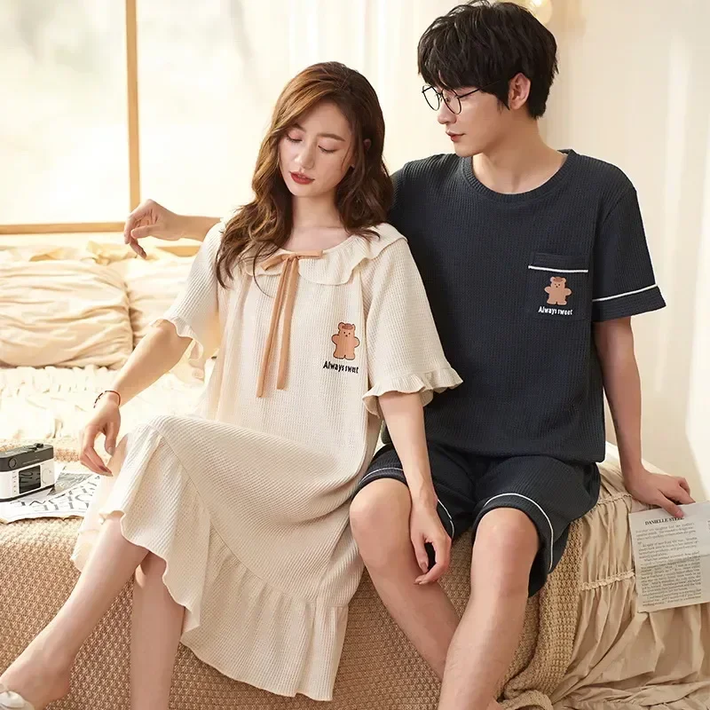 

2023 Pjs для вафельной пижамы Ночная рубашка летние парные мужские корейские милые женские ночные рубашки Ночная рубашка короткая хлопковая Мода Mujer