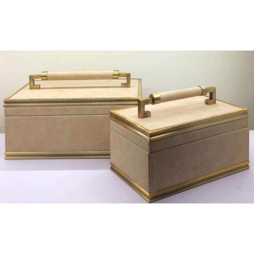 

A-434 High-End Home Decoration Antique Brass Handle Texture Leather Jewelry Organizing Box Decorative Storage Box Home Decor