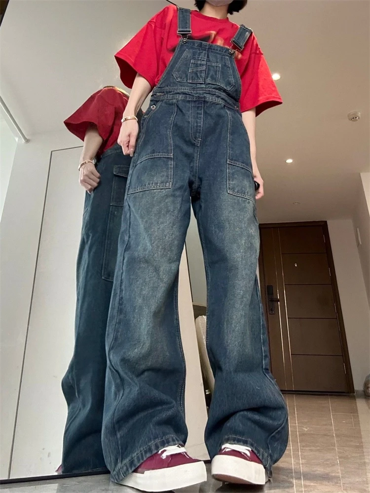 

Women's Vintage Suspender Jumpsuit Wide Leg Pants Young Girl Academic Style Rompers Female Retro Casual Straight Denim Trouser