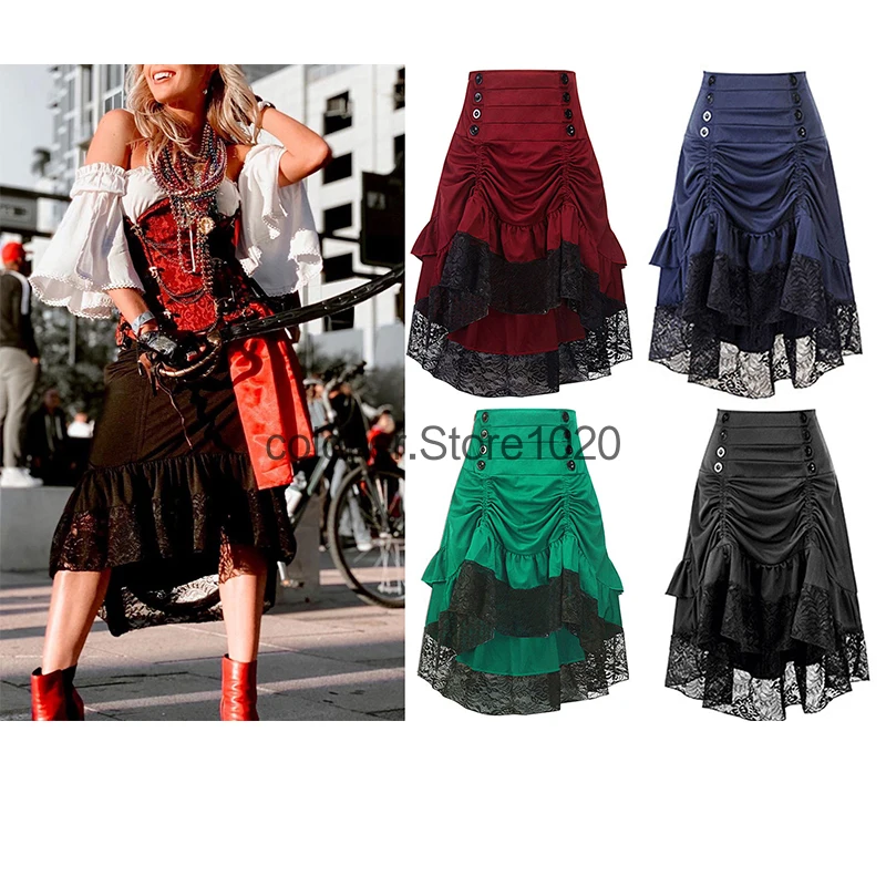 

Costumes Steampunk Gothic Skirt Lace Women Clothing High Low Ruffle Party Lolita Red Medieval Victorian Punk Skater Button Front