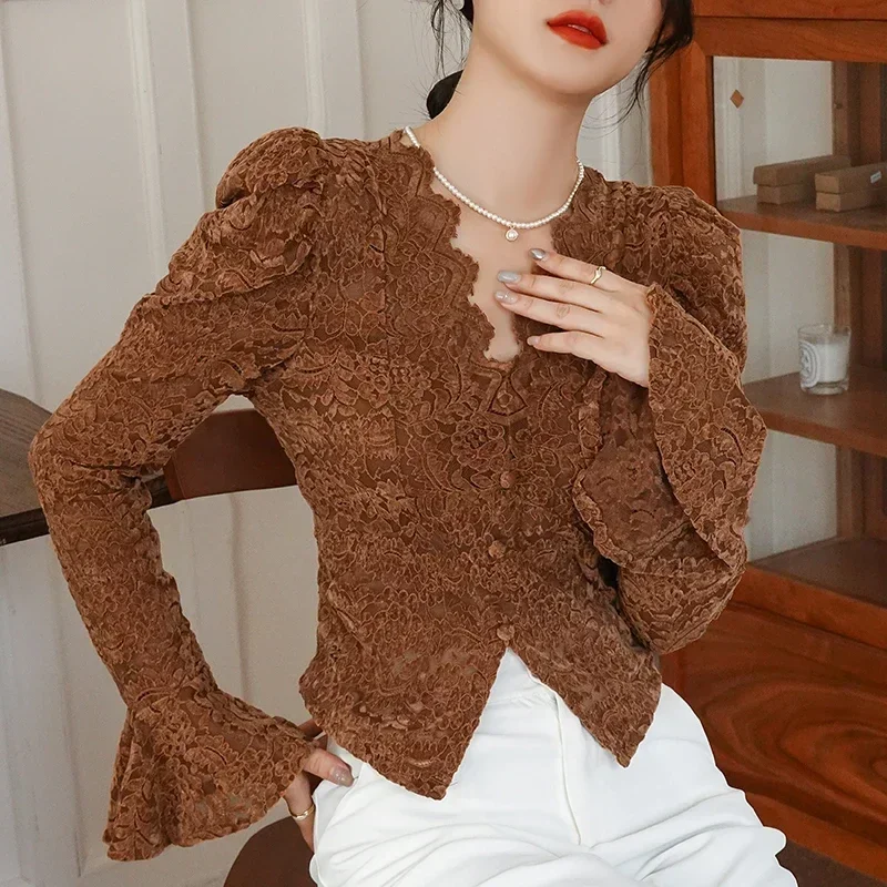 

2023 Vintage V-neck White Lace Shirts Women Elegant Short Tops Flare Long Sleeve Crochet Lace Sweet See Through Blouse 29561