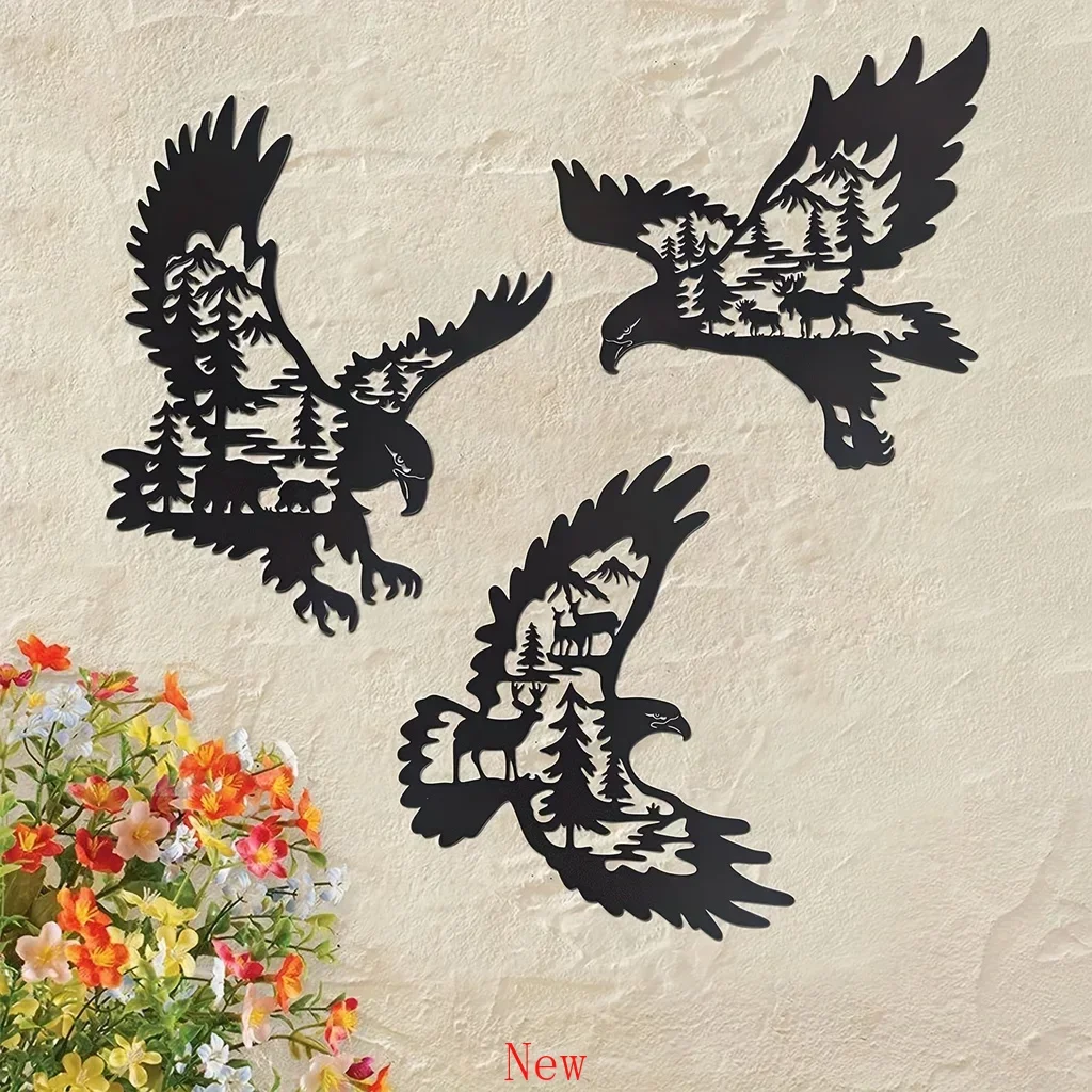 

Eagle Home Art Decor Metal Bald Eagle with Bear Deer Elk Silhouette Pattern for Bedroom Living Room Garden Fence Outdoor wall d