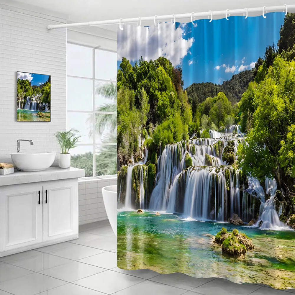 

Forest Waterfall Shower Curtains Green Plants Trees Mountain Nature Landscape Polyester Fabric Bathroom Curtain Decor with Hooks