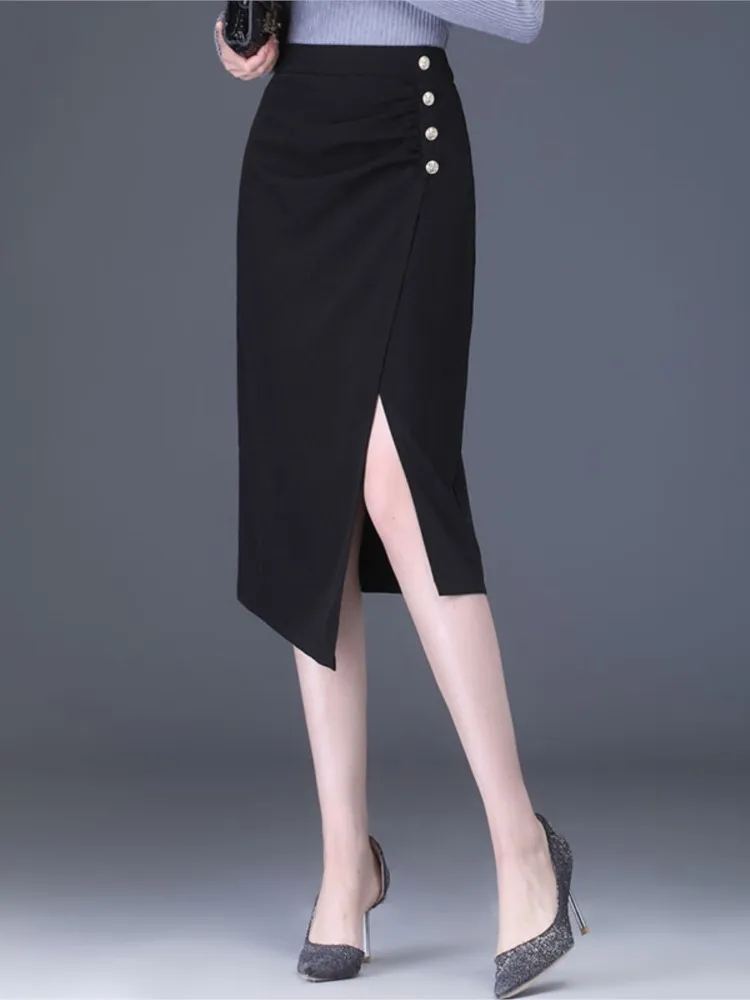 

Elegant Fashion Slit Bodycon Black Skirt For Women Elastic High Waist Button Decorate Chic Slim Irregularity Pencil Skirts