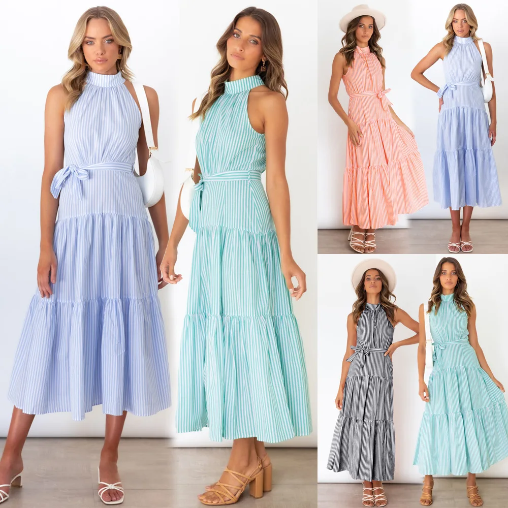 European and American summer new stripes hanging neck dress slim temperament long skirt
European and American summer new stripes hanging neck dress slim temperament long skirt