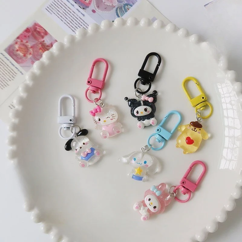 

Sanrio Anime Hello Kitty Transparent Fine Flashing Keychain Cartoon Cinnamon Dog Kuromi Melody Bag Pendant Cute Key Accessories