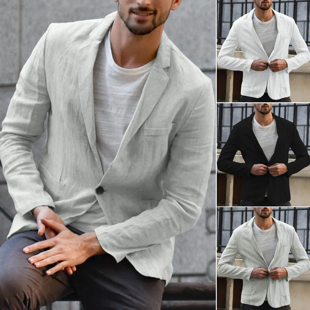 

Men Blazer Autumn Jacket Slim Thin Fit Linen Blend Pocket Long Sleeve Suits Blazer Jacket Outwear blazer masculino In Stock