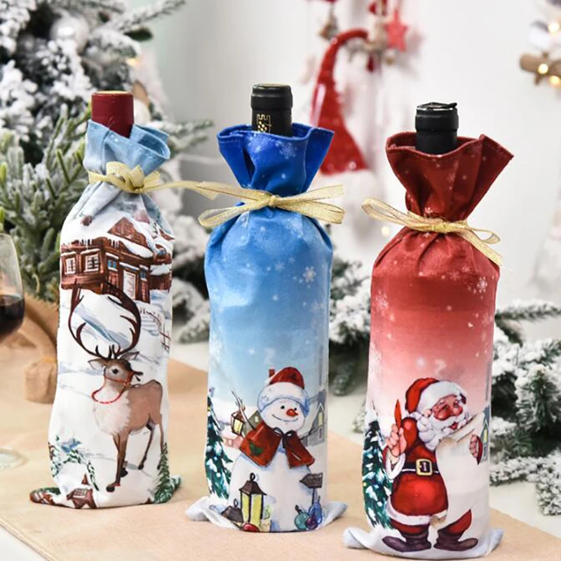 

Новогодняя Крышка для бутылки вина с Санта-Клаусом, оленем, снеговиком, пылезащитная крышка для бутылки шампанского, рождественские украшения для детской отделки