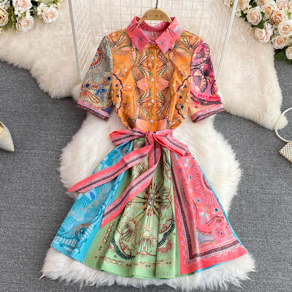 

European Station Fashion All-match Lapel Waist Bow Tie Shows Thin Positioning Printing Short-sleeved A-line Dress Summer