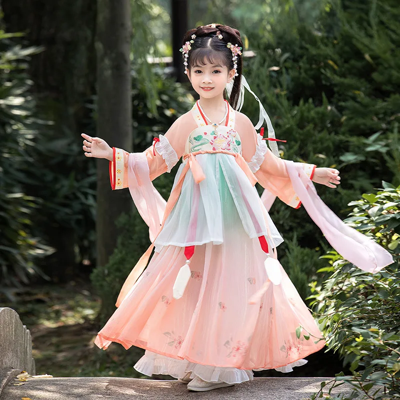 

Традиционное китайское платье Hanfu с вышивкой, детское платье для народного танца, розовый костюм для девочек, сказочный костюм для косплея, платье древней принцессы