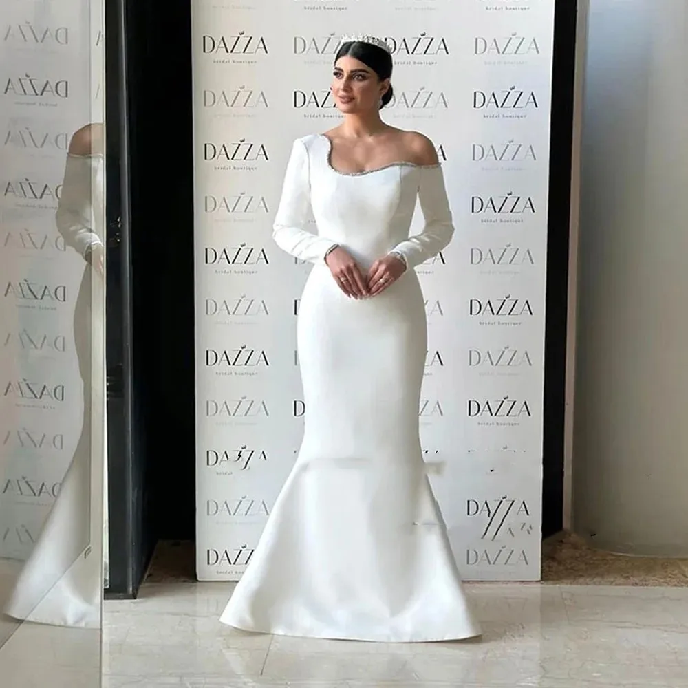 

Flora Dress White Satin Mermaid Evening Dresses Long Sleeves Formal Floor Length Arabic Dubai Evening Prom Gown For Women