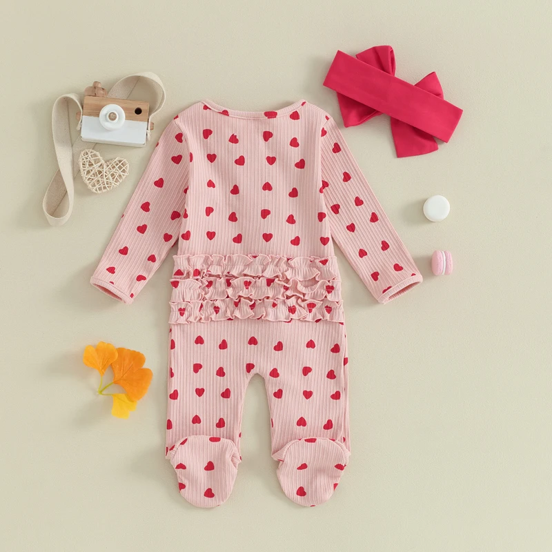 

Newborn Baby Girls Valentines Day Outfit Long Sleeve Ruffle Romper Coming Home Outfit Baby Clothes with Headband For