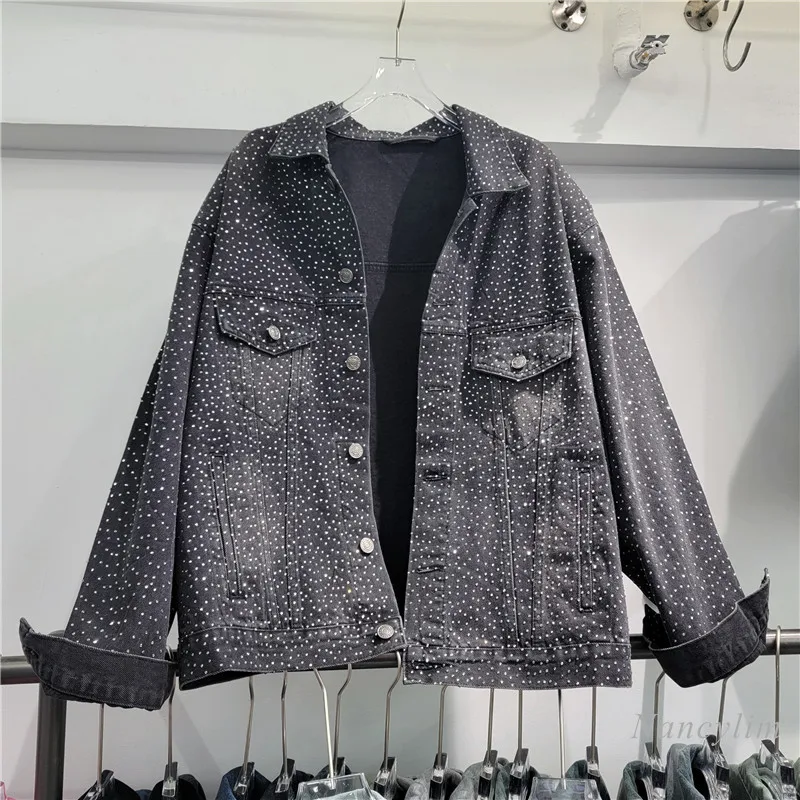 

Black Rhinestone Denim Coat for Women 2024 Early Spring New Korean Style Loose Retro Washed Denim Jacket Jaqueta Feminino Jens