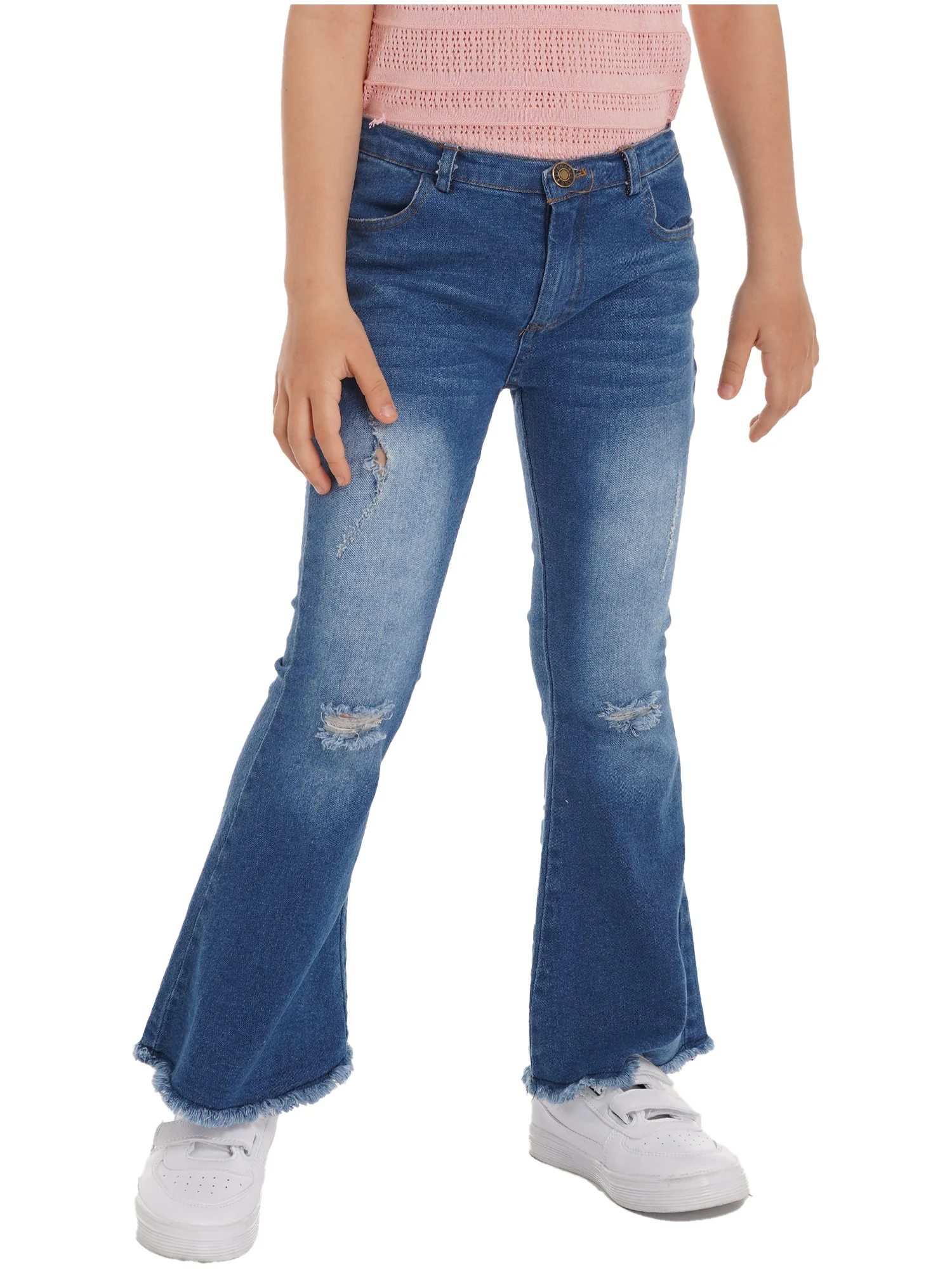 

Kids Girls Stylish Zipper Closure Crotch Ripped Denim Bell-bottom Long Pants Casual Daily Wear Fashion Jeans Holiday Street Wear