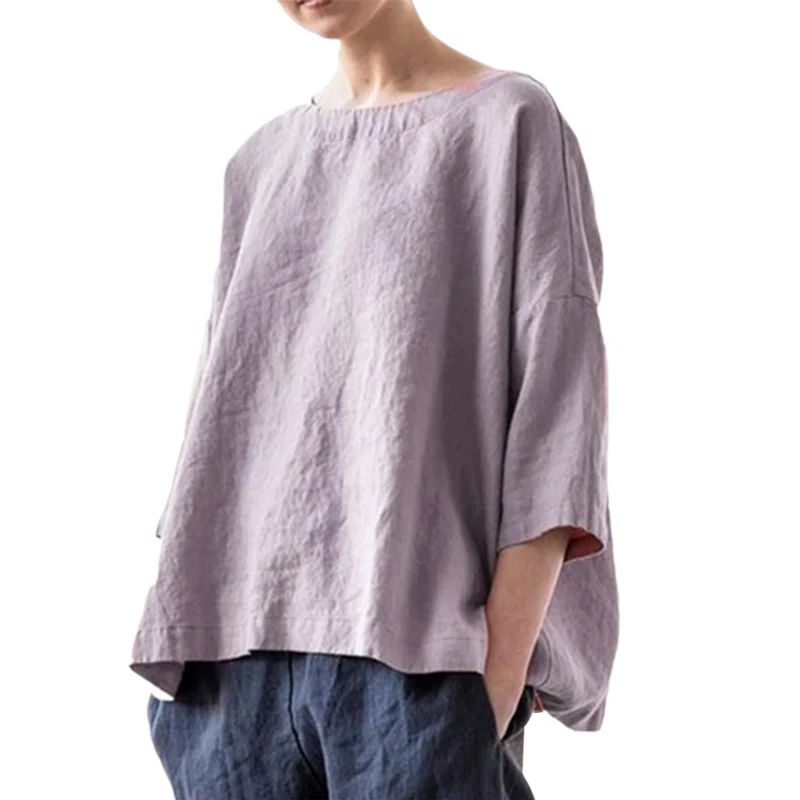 

Vintage Breathable Cotton Linen Solid Color Blouse Women Crew Neck Pullover Shirt Female Casual Seven-quarter Sleeve Loose Tops