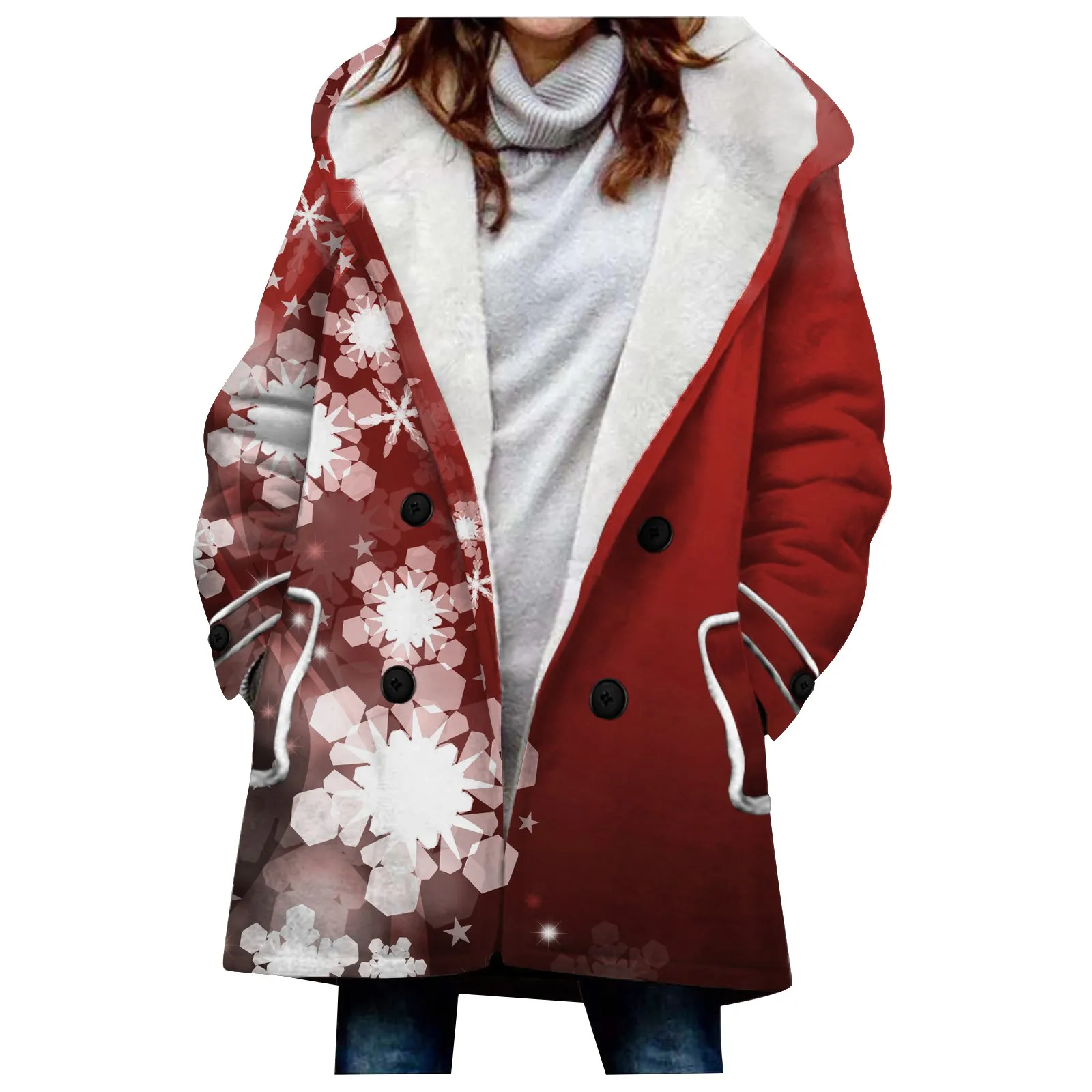 

Women Fuzzy Jackets Fleece Lined Hooded Buttons Medium Length Overcoat Winter Windproof Furry Outerwear Women Coat Chaquetas