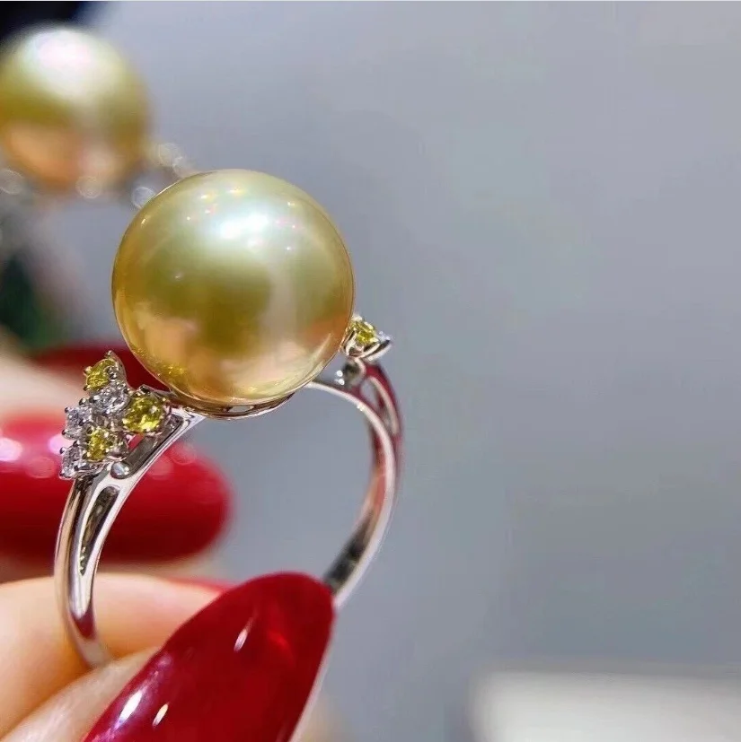 

Великолепное гигантское AAAAA 11-12 мм круглое натуральное Золотое жемчужное кольцо из южного Китая 925s