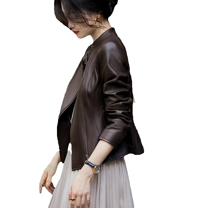 

Genuine Leather Jacket For Women's Spring New Standing Collar, Fashionable Slim Fit, Slimming Sheepskin Top Coat, Versatile