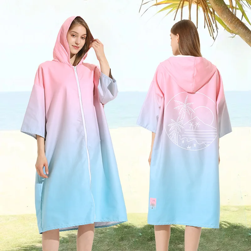 

Microfiber Hooded Bathrobe Adults Surf Poncho Quick-Dry Beach Towel Zipper Bath Towel Outdoor Changing Cloak Women Men Unisex