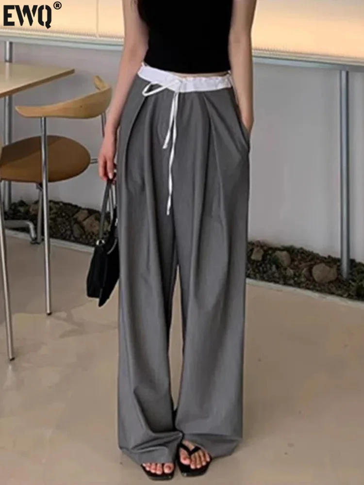 

[EWQ] Korean Chic Women's Trouser Contrast Color Patchwork High Waist Lace Up Draped Casual Long Pant 2024 Spring Summer 16U9115