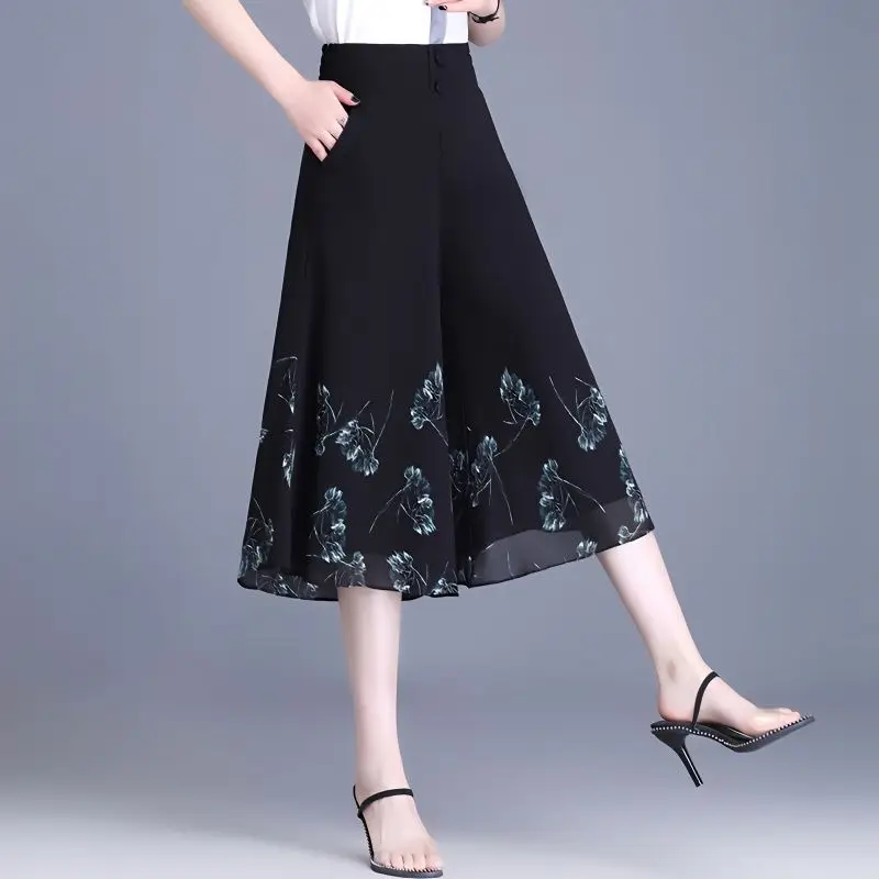 

Women Clothing 2023 New Simplicity Printing Chiffon Elastic Waist Wide Leg Pants Summer Office Lady Buttons Cropped Trousers