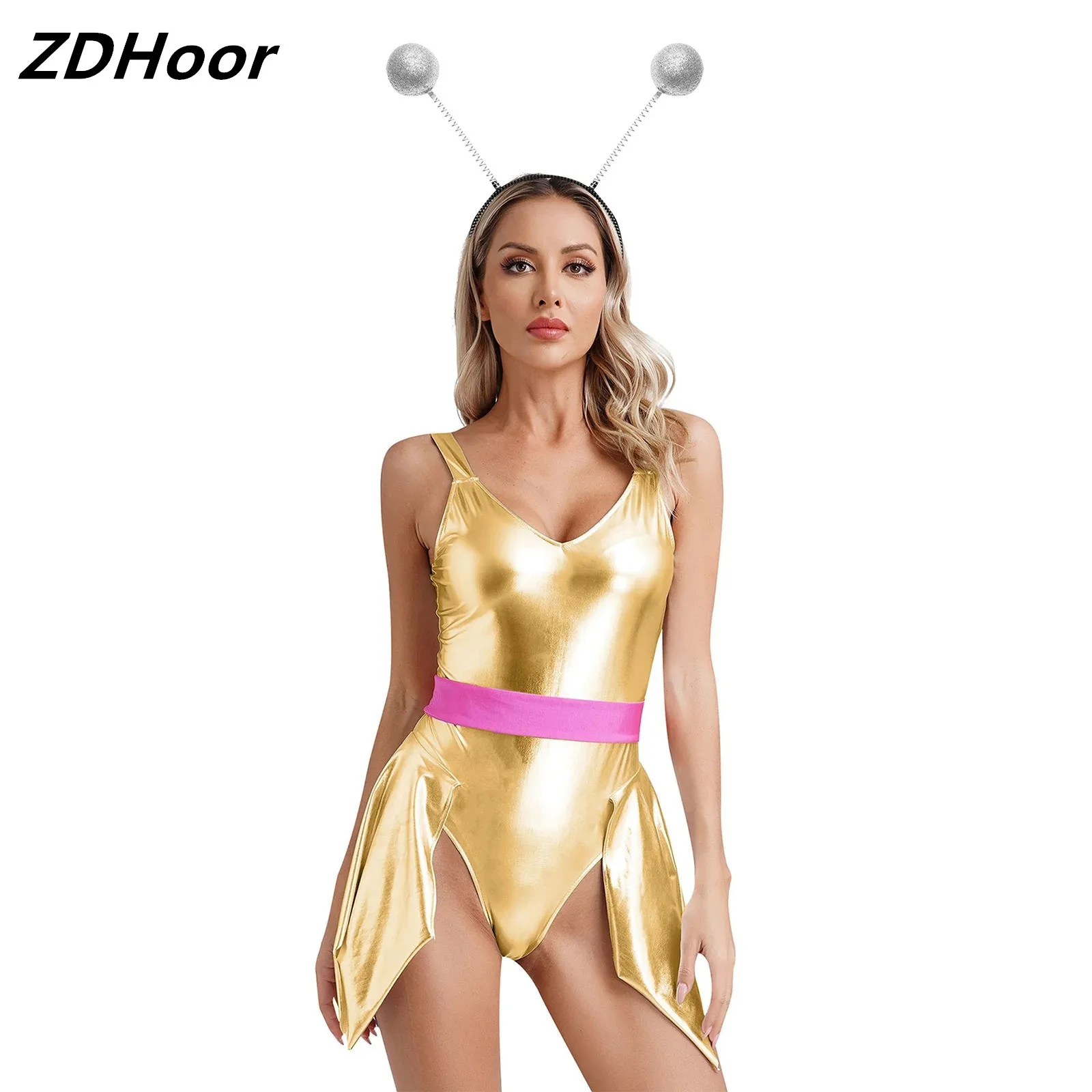 

Womens Metallic Ballet Dance Leotard Shiny Sling Bodysuit with Belt Funny Alien Hair Hoop Sleeveless Asymmetrical Skirted