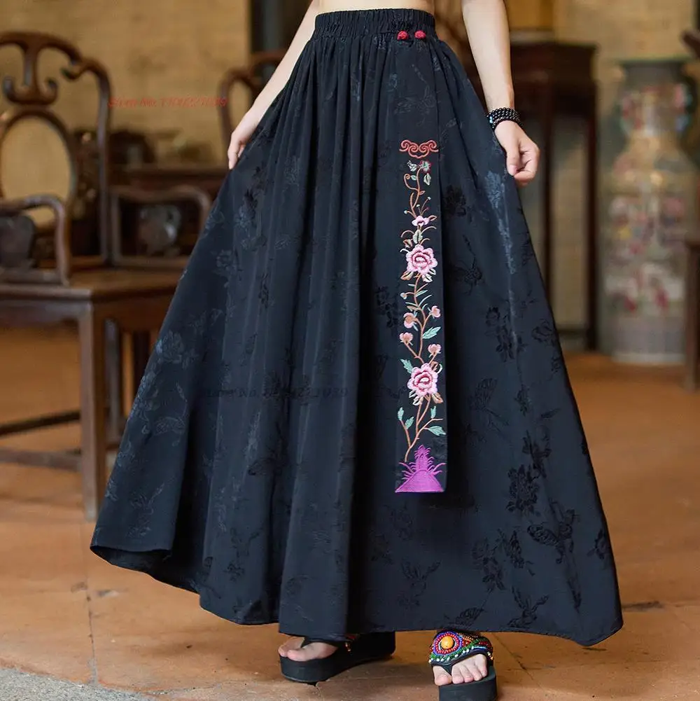 

2024 traditional chinese vintage skirt national flower embroidered satin jacquard skirt oriental elastic waist a-line folk skirt