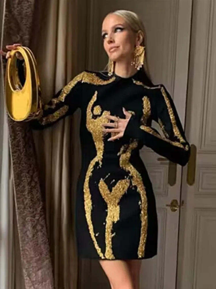 

Women Celebrity Sexy Long Sleeve Jacquard Black Yellow Mini Bodycon Bandage Dress 2024 Elegant Evening Club Party Dress