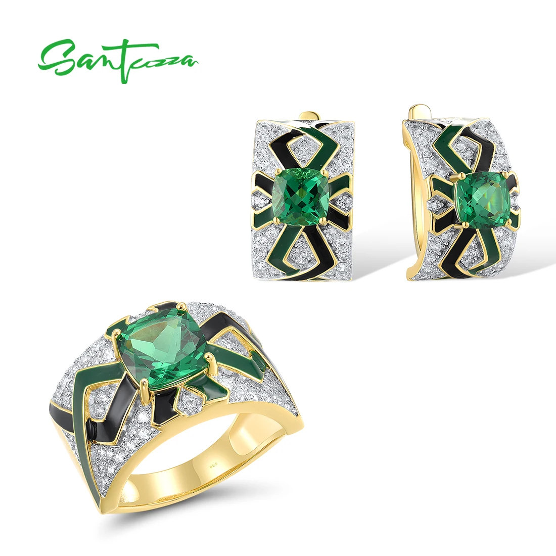 

SANTUZZA Real 925 Sterling Silver Jewelry Set For Woman Sparkling White CZ Green Spinel Enamel Ring Earrings Sets Fine Jewelry