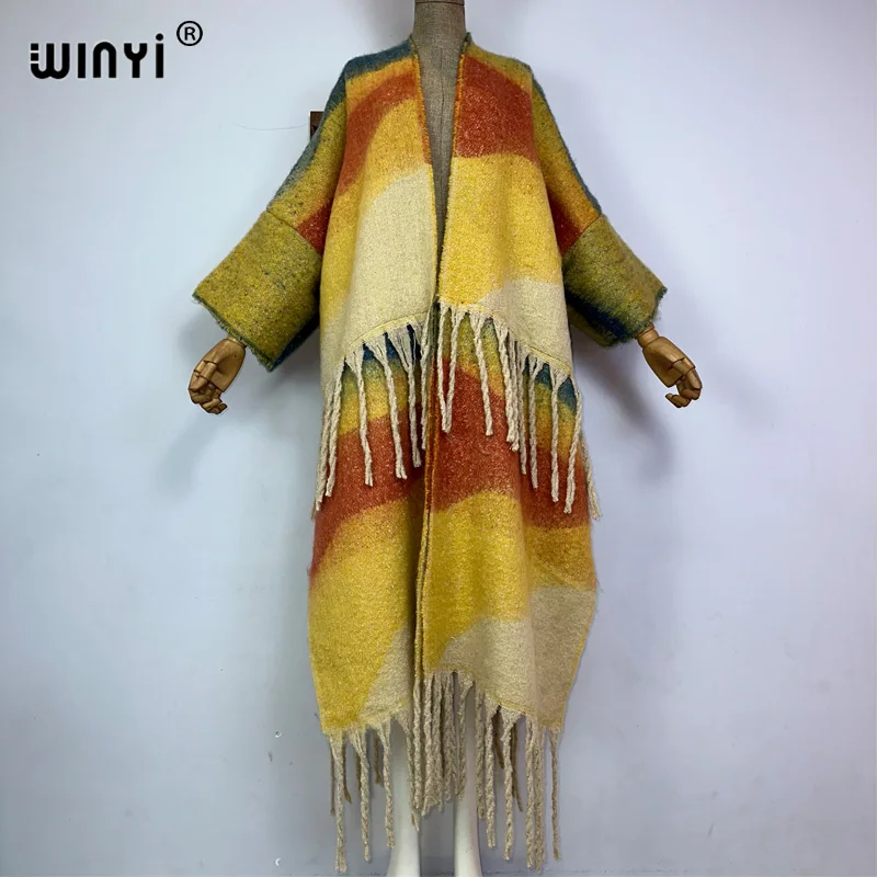 

WINYI winter coat for women new fashion print tassels Luxury Fur Loose OverCoat Thick Warm long down coat Europe cardigan jacket