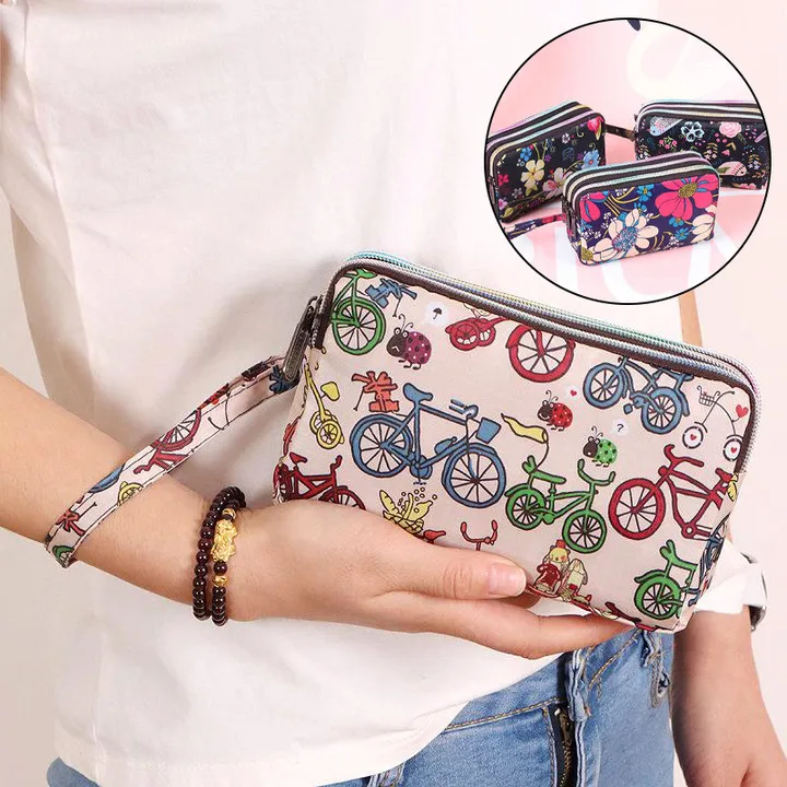 

Three-layer Women Canvas Long Wallet Female Handbag Larger Capacity Portable Key Coin Purse Clutch Bag Mobile Phone Wallet