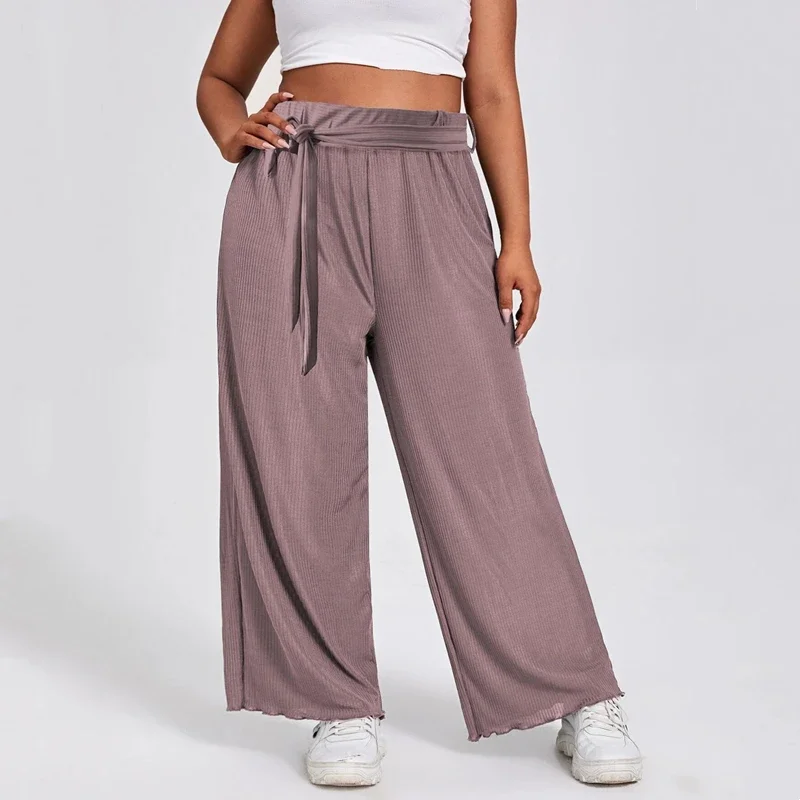 

Plus Size Sashes Waist Summer Elegant Wide Leg Pants Elastic Waist Loose Rib Knit Casual Straight Trousers Pants Bottoms 6XL 7XL