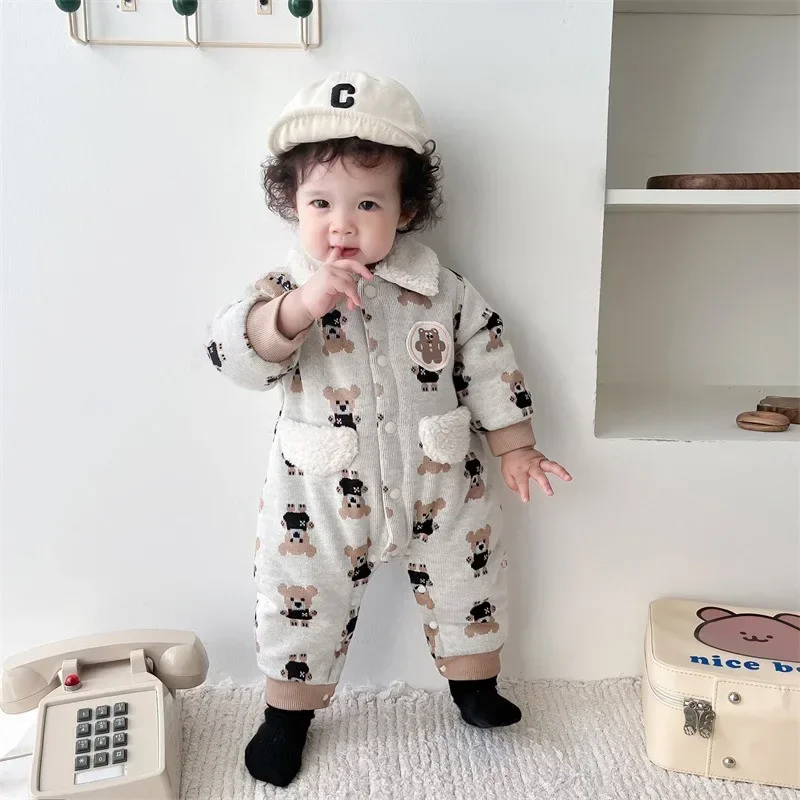 

2023 Fall/Winter Newborn Baby Romper Fleece-Lined Jumpsuit Kids Thicken Warm Cotton-Padded Overall for Outdoor Activities