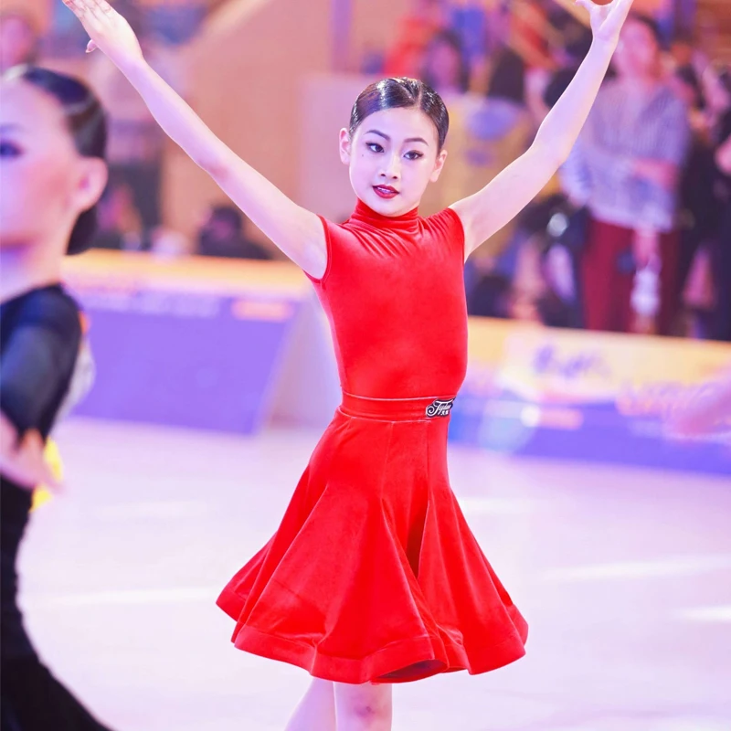 

Children'S National Standard Ballroom Dance Costumes Red Latin Dance Dress Kids Performance Dancing Dresses Stage Wear DWY10029