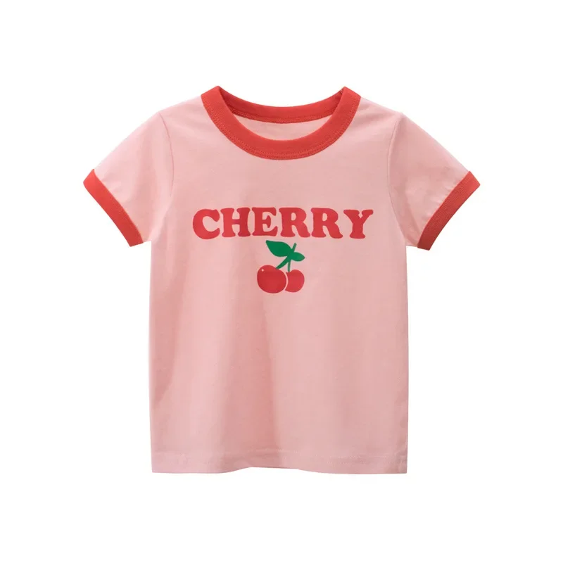 

summer cotton tshirt baby girls round neck letters cherry print toddler t shirt kids clothes children clothing tops 2 to 10y