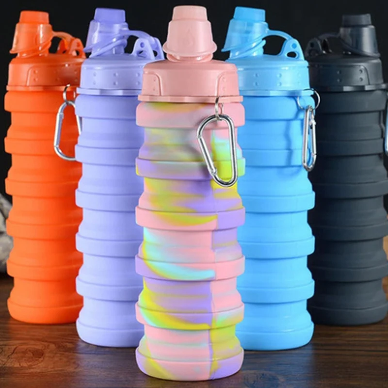 

500ML Portable Retractable Silicone Bottle Folding Water Bottle Outdoor Travel Drinking Cup With Carabiner Cup