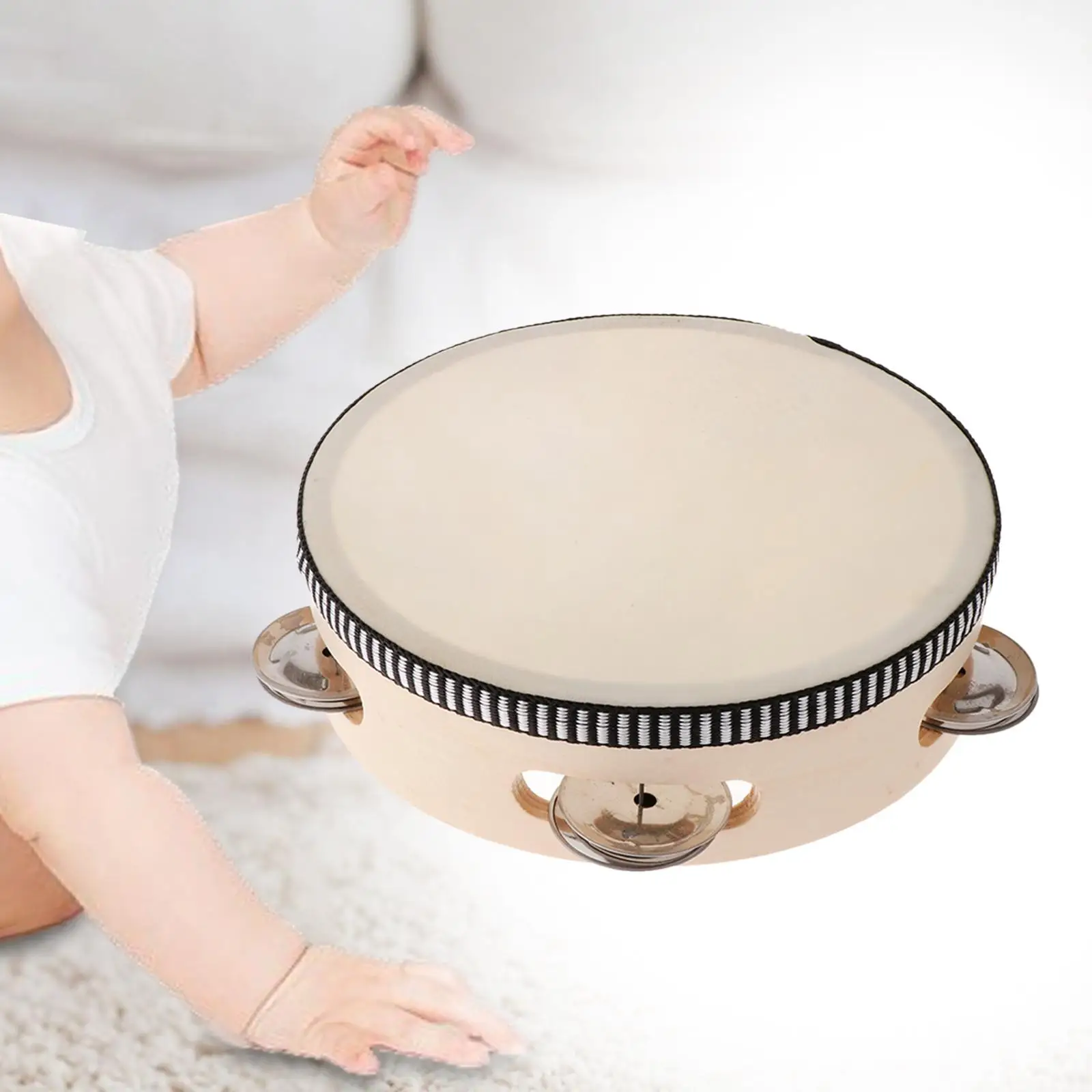 

Wooden Tambourine Musical Instrument Gift Durable Metal Bell Hand Held Drum Bell Percussion for KTV Party Church Toddler Adults