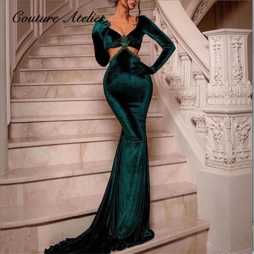 

Dubai Arabic Dark Green Velvet Long Sleeve Evening Gown For Elegant Party Mermaid Bespoke Occasion Dresses Cocktail Dresse