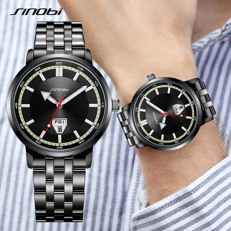 

SINOBI New Design Men's Quartz Watches Original Calendar Week Display Mans Wristwatches Stainless Steel Top Luxury Male Business