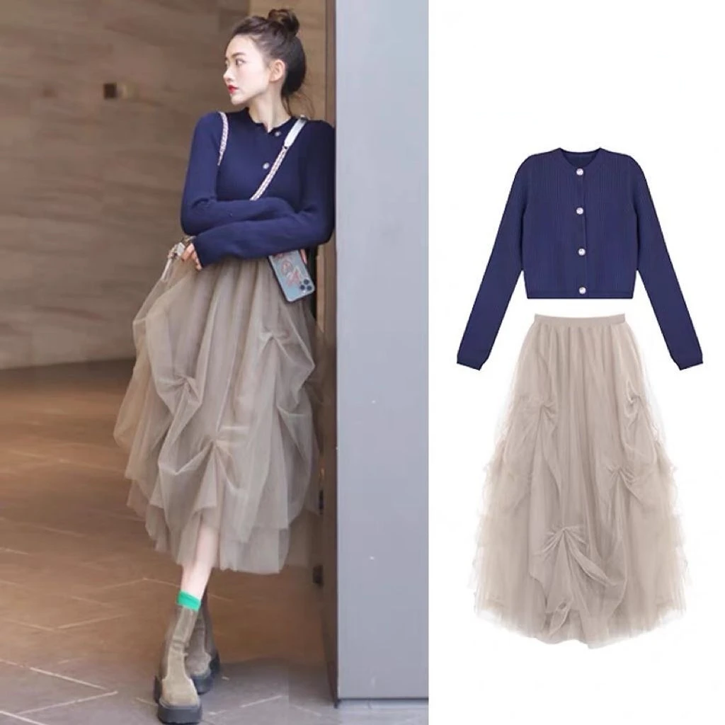 Новинка 2023 года, Осень-зима, нежный Топ для девушек, сетчатая юбка средней длины, женский костюм из двух предметов
