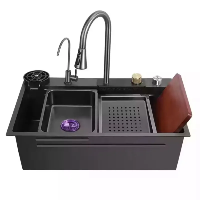 

luxury kitchen sinks 304 stainless steel china multifunctional sink modern waterfall rainfall single bowl kitchen sink set black