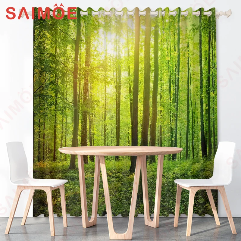 

3D Pastoral Natural Scenery Forest Curtains Alpine Trees Green Plants Custom Thin Polyester Fabric Office Decorations with Hooks