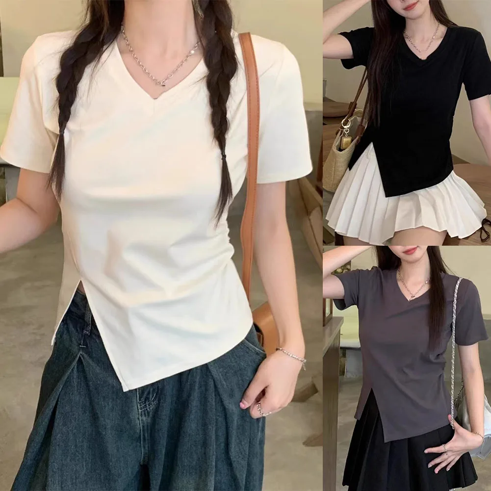 Womens Irregular Slit Hem V-neck Short Sleeve T-shirt Temperament Casual Top Comfortable Fit T-shirt
Womens Irregular Slit Hem V-neck Short Sleeve T-shirt Temperament Casual Top Comfortable Fit T-shirt