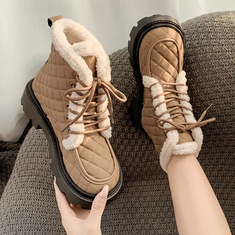 Artificial Lamb Wool Warm Winter Ankle Boots for Women 2023 New Lace Up Thick Plush Cotton Shoes Woman Non Slip Platform Booties
Artificial Lamb Wool Warm Winter Ankle Boots for Women 2023 New Lace Up Thick Plush Cotton Shoes Woman Non Slip Platform Booties